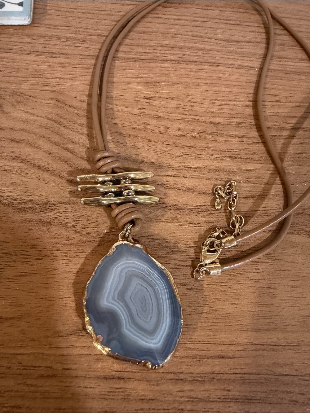 Boho Blue Gray Agate Slice Pendant Necklace Gold Tone Cord